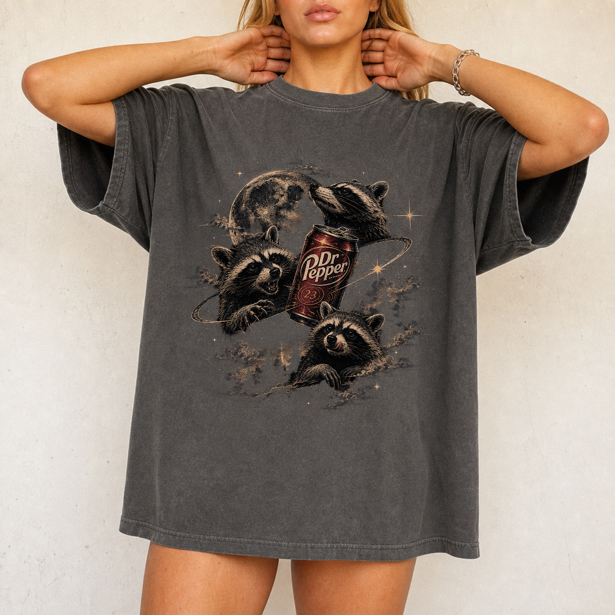 Vintage Retro Raccoon Moon Wildlife Graphic Tee product view 2