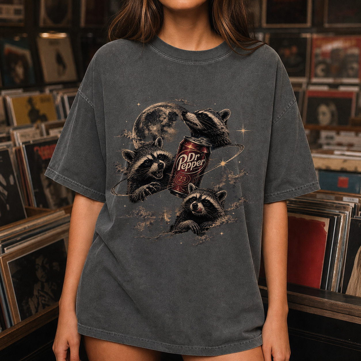 Vintage Retro Raccoon Moon Wildlife Graphic Tee product view 4