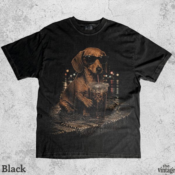 Vintage Retro Dachshund Drinking Ice Coffee Graphic Tee vintage graphic tee by TheVintageBy