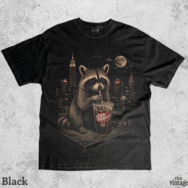 Vintage Retro Night City Coffee Raccoon Graphic Tee vintage graphic tee by TheVintageBy